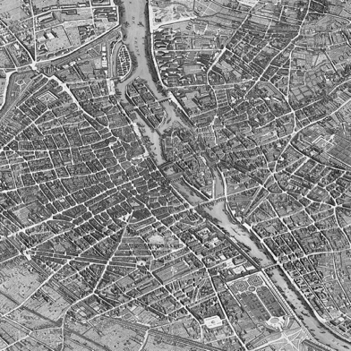 Figure 22. Paris, Turgot, 1739. Note the north-south axis crossing the Île de la Cité, a major axial ‘contextual’ reference in both the Plan Voisin and the 1937 Plan.
